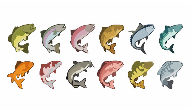 Jumping Fish Bundle Vector Collection with Colorful Freshwater and Marine Fish Characters Isolated on White Background