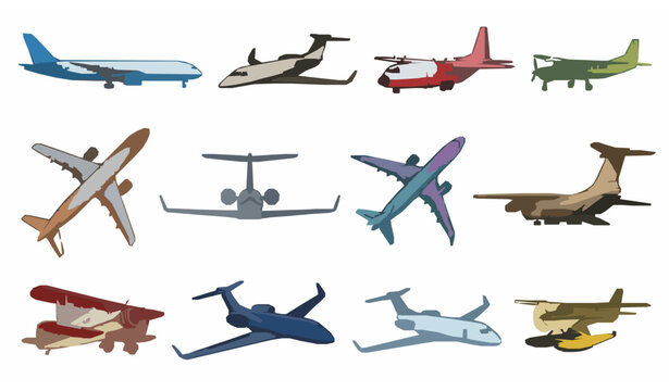 Airplane Bundle Vector Collection with Commercial and Private Aircraft Isolated on White Background