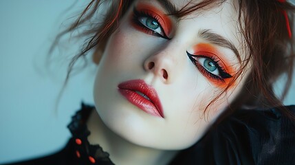 Fototapeta premium Close up portrait of a young woman with vibrant orange eyeshadow and red lipstick looking away