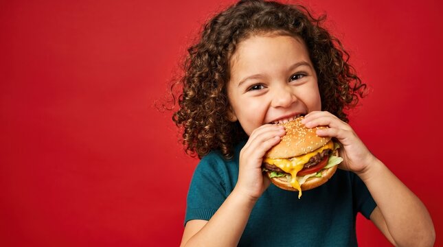 A young child with curly hair holds a big cheeseburger. The child smiles brightly against a red background, showing excitement about the food. Time is not specified