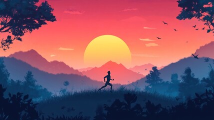 Fototapeta premium Silhouette of a runner at sunrise over mountains