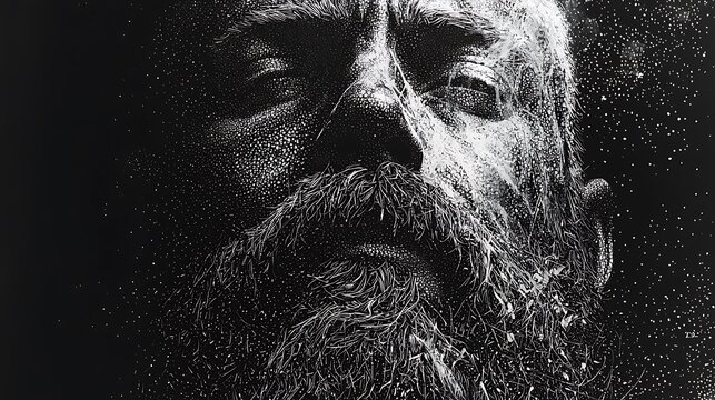Detailed monochromatic close up portrait of an aged man's face with a full beard