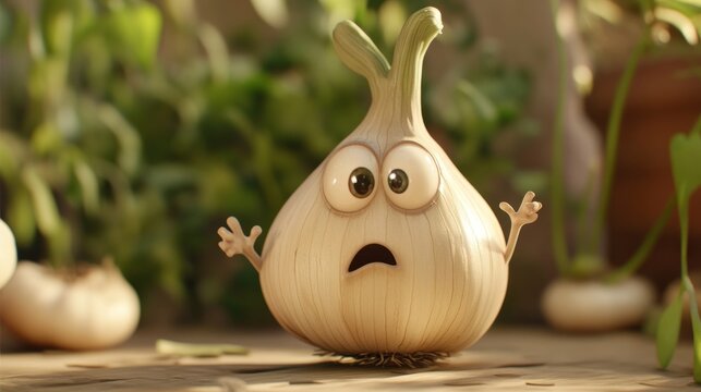 A cartoon garlic bulb with an expressed emotion of surprise
