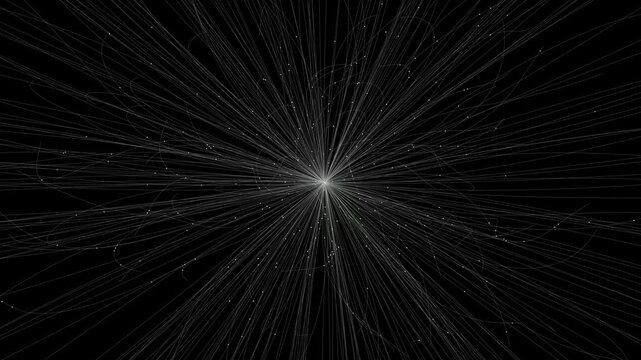 White particle lines explode outward from a bright central core in a dynamic 3D animation loop designed for cinematic background overlays