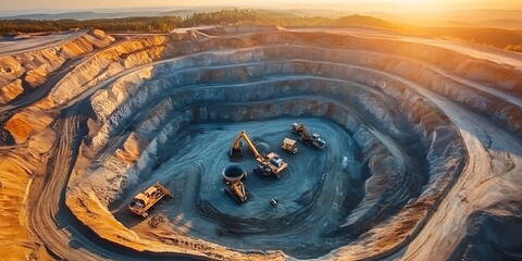 Fototapeta premium Open pit mine with heavy machinery excavators trucks and haulers working earth.
