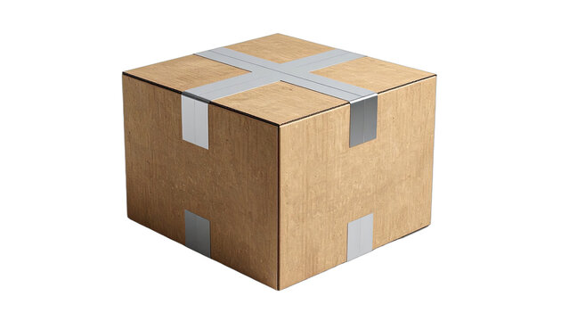 A simple cardboard box sealed with tape is shown against a black background.