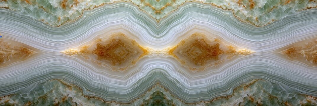 Symmetrical agate slab background with muted green and amber banding for refined wallpaper and decorative design