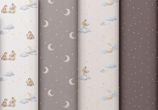 Watercolor night seamless pattern set with little bunnies, star, cloud, editable psdt template. Moon and stars, baby bunny nursery wallpaper with editable background color