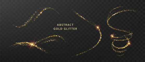 Obraz na płótnie Canvas Gold dust wave set with magical glitter particles and sparkling star trails. Elegant golden swirl elements for festive, luxury and celebration designs.