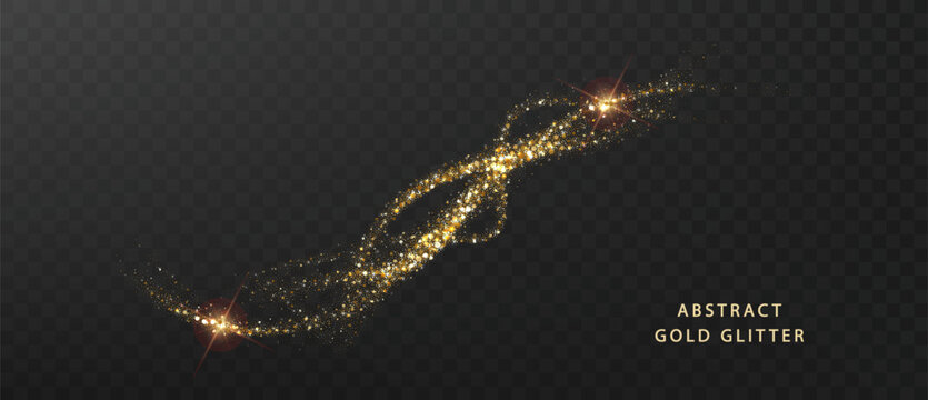 Magical golden swirl trail with glowing dust particles and shining star effects. Decorative glitter wave collection for premium holiday backgrounds and banners.