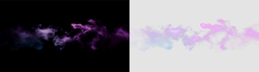 Obraz premium Purple and blue smoke cloud floating isolated on transparent and black background, during daytime in a digital space