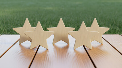 Fototapeta premium A set of wooden stars on a table in a grassy field with a natural background