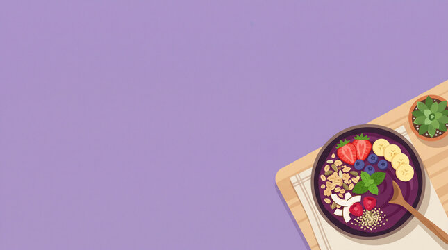 ラベンダー背景にアサイーボウルを配置したヘルシーなベクターイラスト。
スーパーフードやウェルネスをテーマにした現代的なデザイン。