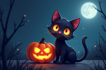 Fototapeta premium Mysterious Black Cat Peering from Within a Spooky Carved Pumpkin, Emanating Intrigue and Playfulness in a Whimsical Halloween Scene