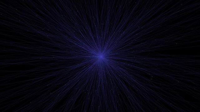 Glowing blue particle rays emit from a central core across a dark void in a seamless 3D animation loop for technology presentations