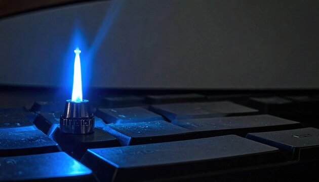 Glowing blue light emitting from computer keyboard key, symbolising digital innovation, data connection, cybersecurity, power and futuristic technology