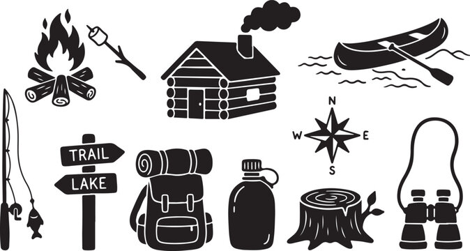 Black and white of camping essentials, trail map, and outdoor gear hiking outdoor activities backpack