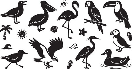 Fototapeta premium Black and white of various birds in flight and perched on branches swallow