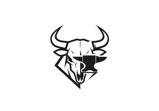 Creative bull skull with anvil mascot logo on white.