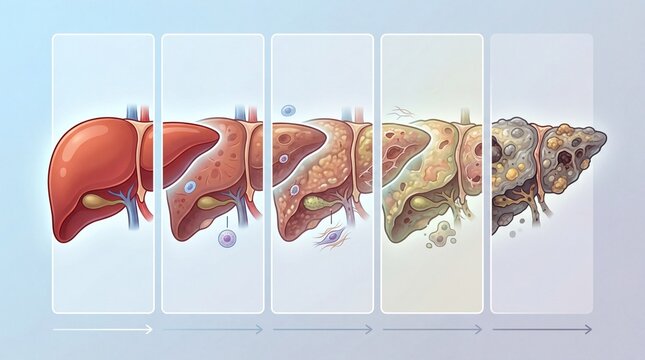 Progressive stages of liver damage medical illustration health education clinical environment informative viewpoint visual awareness