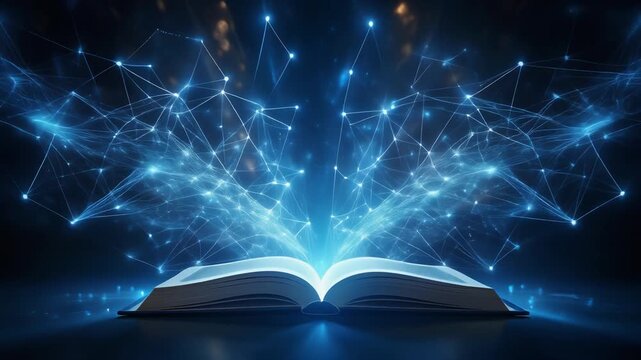 Open book radiating glowing blue light with digital wings symbolizing knowledge, technology, innovation, futuristic learning, and interconnected transformation