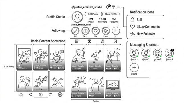 Creative studio profile and reels content showcase UI template with notification icons layout