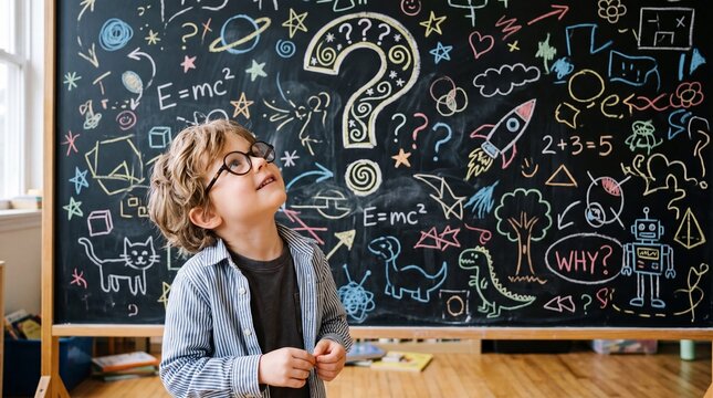 Curious child with glasses classroom educational illustration creative environment upward angle inspiring imagination
