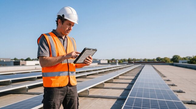 Engineer monitoring solar panel installation rooftop professional activity urban environment close-up view renewable energy safety
