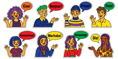 Multilingual greeting diverse cartoon character bust sticker set with ciao, bonjour, privet, hola, konnichiwa, marhaba, annyeong and ola speech bubbles in bold colorful style © Vladislav