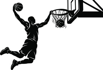 Basketball player hanging on hoop net after slam dunking ball vector illustration silhouette isolated on white background sport athlete dynamic graphic © Malati