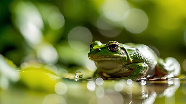 Green tree frog resting in shallow water pond.