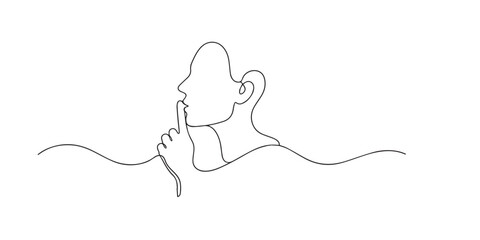 Obraz premium One line drawing of person placing finger on lips. Continuous line of silence gesture. Privacy and secrecy concept. single line art vector illustration.