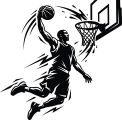Basketball player slam dunking ball with dynamic speed motion splashes vector illustration silhouette isolated on white background sport athlete action icon © Malati