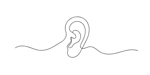 One line drawing of simple ear outline. Continuous line of human anatomy shape. Hearing concept. single line art vector illustration. © bakul garis