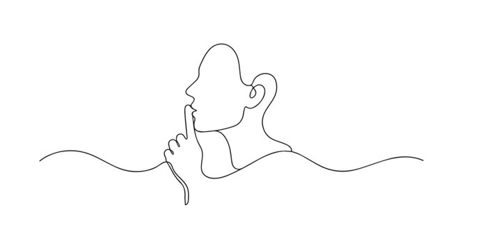 One line drawing of person placing finger on lips. Continuous line of silence gesture. Privacy and secrecy concept. single line art vector illustration.