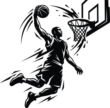 Basketball player slam dunking ball with dynamic speed motion splashes vector illustration silhouette isolated on white background sport athlete action icon