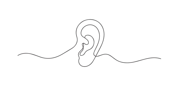 One line drawing of simple ear outline. Continuous line of human anatomy shape. Hearing concept. single line art vector illustration.