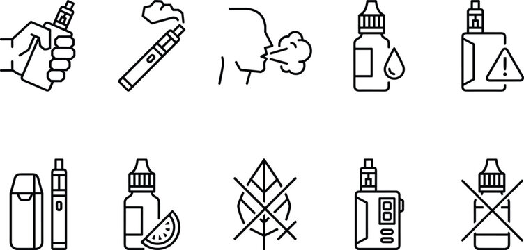 Electronic cigarette vape mods and eliquid flavor bottles line icon set for vector illustration design