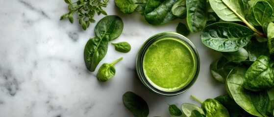 Obraz premium Fresh green smoothie made with kale and spinach on marble surface
