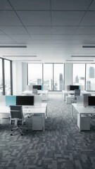 Fototapeta premium Modern office space with white desks and computers transitioning into a high-tech environment filled with digital data streams and illuminated circuits overhead