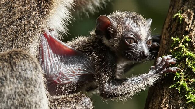 Close-Up Of A Baby Bat Clinging To Its Mother In A Natural Outdoor Setting, Showcasing Bonding And Delicate Fur Texture