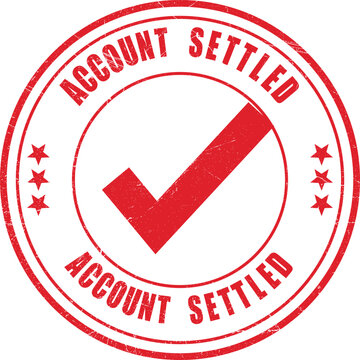 Red circular stamp confirming 'Account Settled' with a large red checkmark inside, signifying closure and resolution