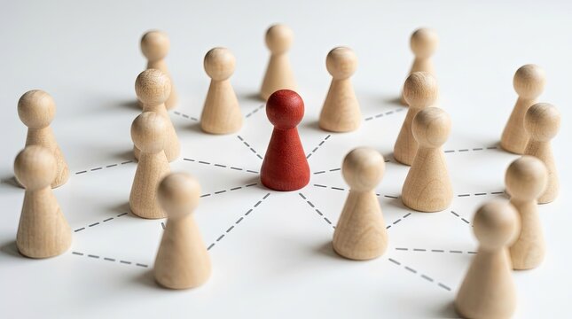 Red pawn at center of network diagram with wooden pawns connected by lines.