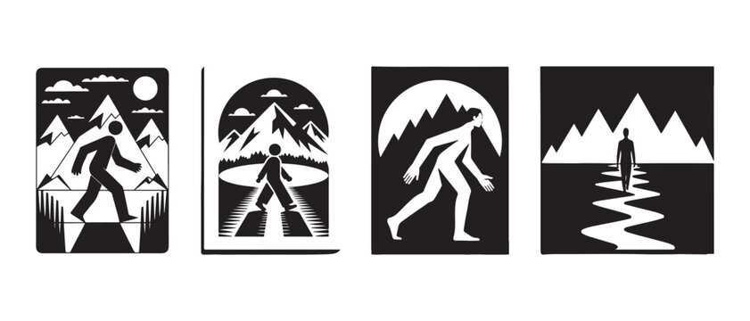 Set of Bigfoot Silhouette Icons with Mountain Landscapes in Minimalist Black and White Vector Style.