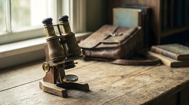 Vintage brass binocular microscope on wooden table by window