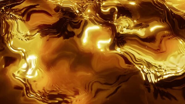 3D render animation of turbulent golden liquid waves with high contrast reflections. Abstract texture of boiling melted gold, heavy oil or viscous magma moving in slow motion