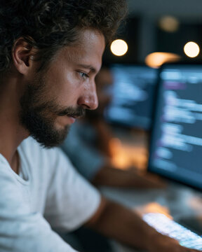 Focused programmer works late at glowing screens. Soft ambient light bathes his concentrated face. Dark curls frame his brow as he types. Determined gaze hints at deep problem-solving