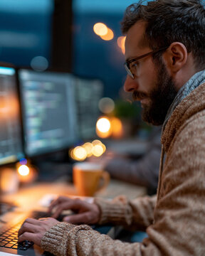 Man sits at desk, typing late into night. Warm glow reflects off monitors, coffee cup beside him. Focus and determination visible as he works through code. Ideal for themes of dedication, digital work