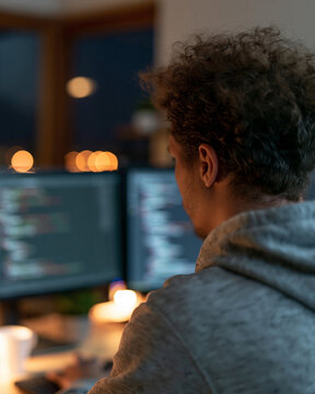 Cozy evening at home or office. Developer stares at code on dual monitors. Soft candlelight adds warm glow. Curly hair and hoodie give casual vibe. Nighttime coding session, focused and quiet