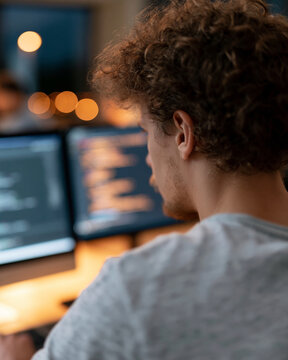 Curly-haired man focused on computer screens. Soft bokeh lights glow behind him. Eyes fixed on code, mind engaged in work. Office atmosphere blends calm and concentration. Perfect for tech, startup